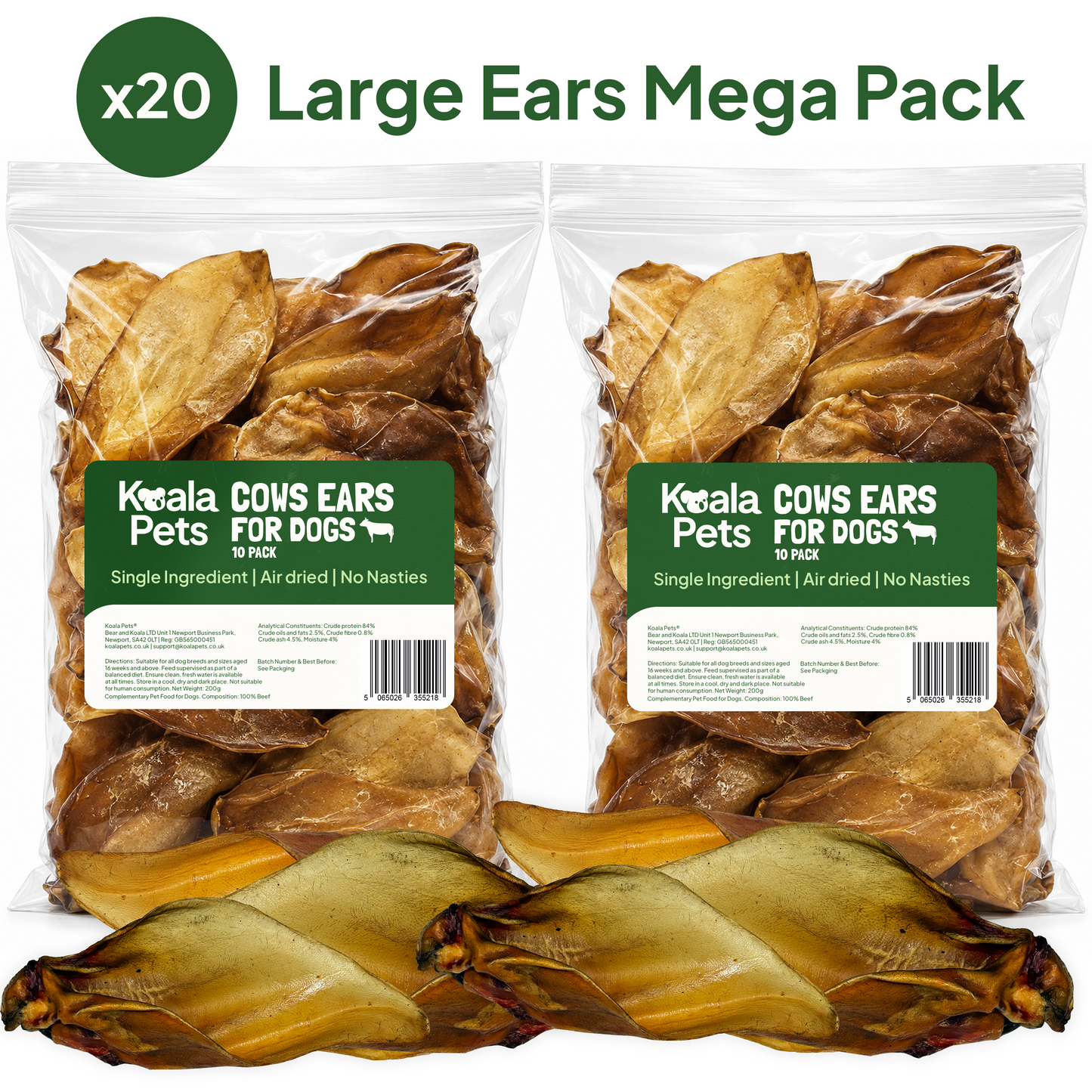 Large Cows Ears for Dogs 20 Mega Pack