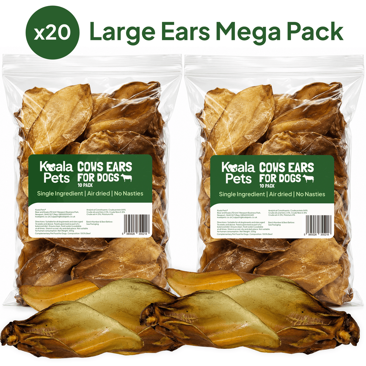 Large Cows Ears for Dogs 20 Pack